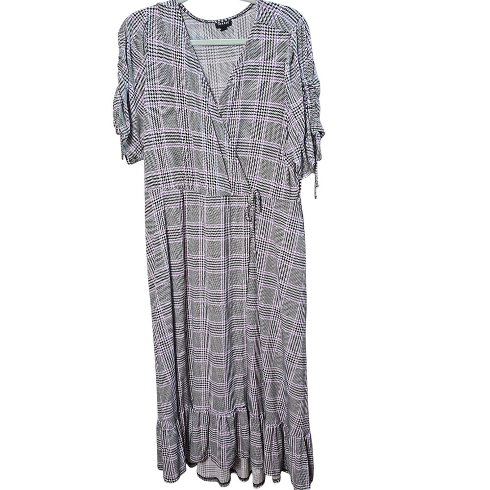 Torrid Plaid Faux Wrap Midi Dress Black White Purple Ruffle Hem Plus Size 2 NWOT - Picture 5 of 9